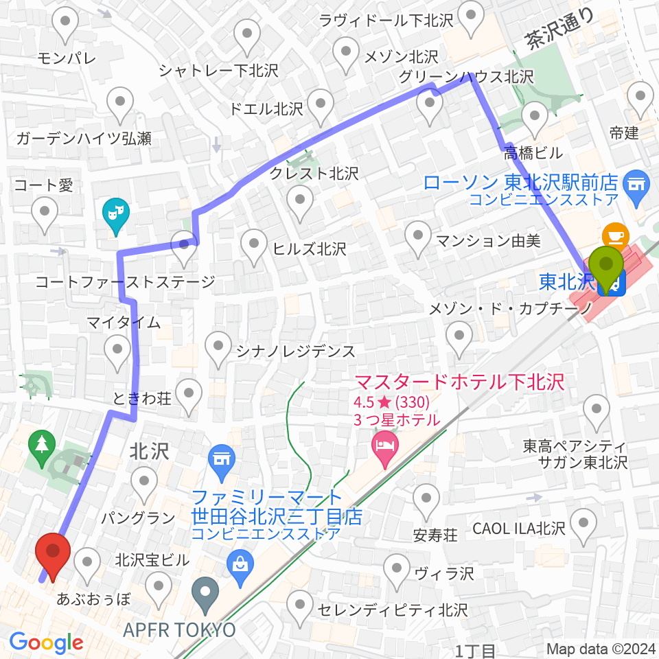 東北沢駅から下北沢アーチストへのルートマップ地図