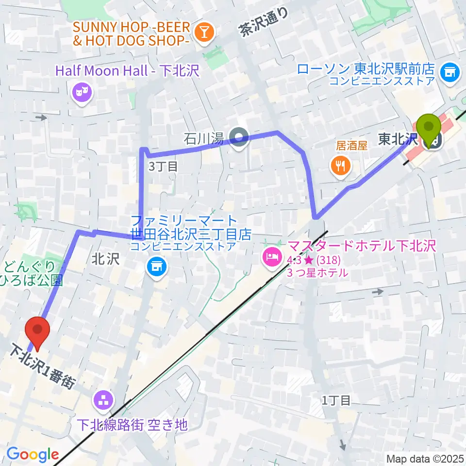 東北沢駅から下北沢アーチストへのルートマップ地図