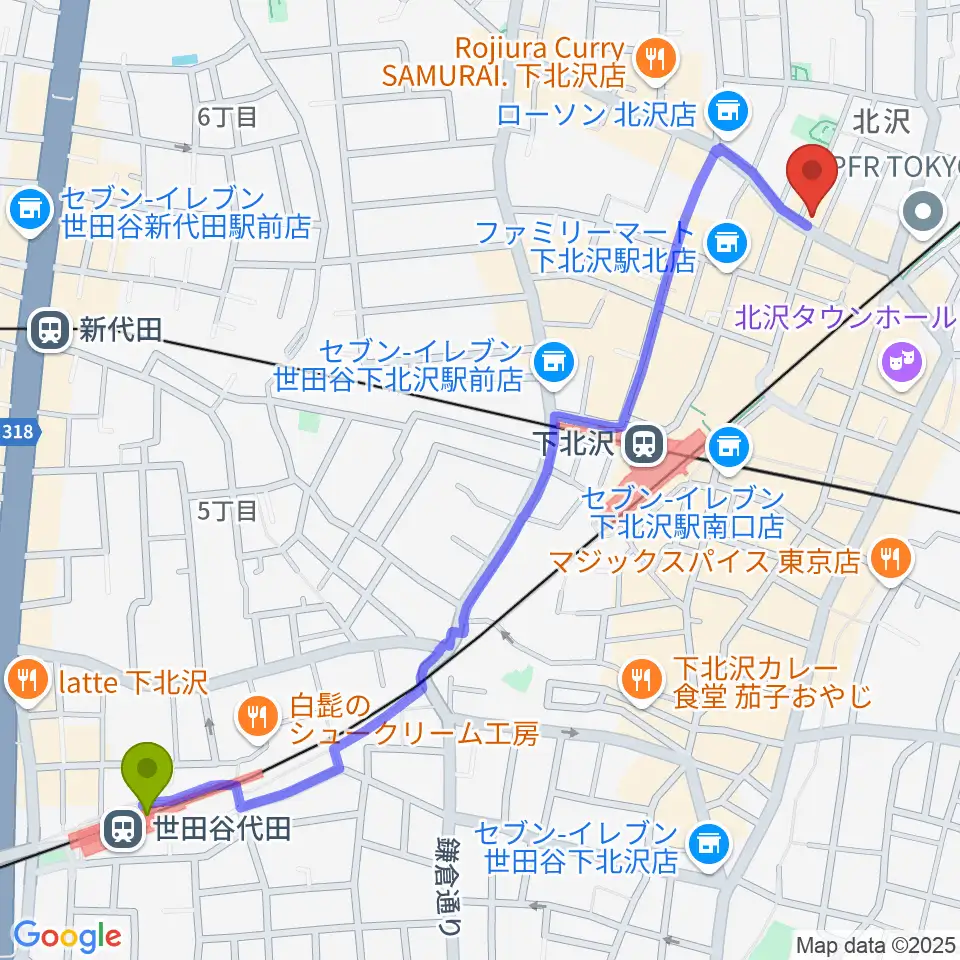 世田谷代田駅から下北沢アーチストへのルートマップ地図