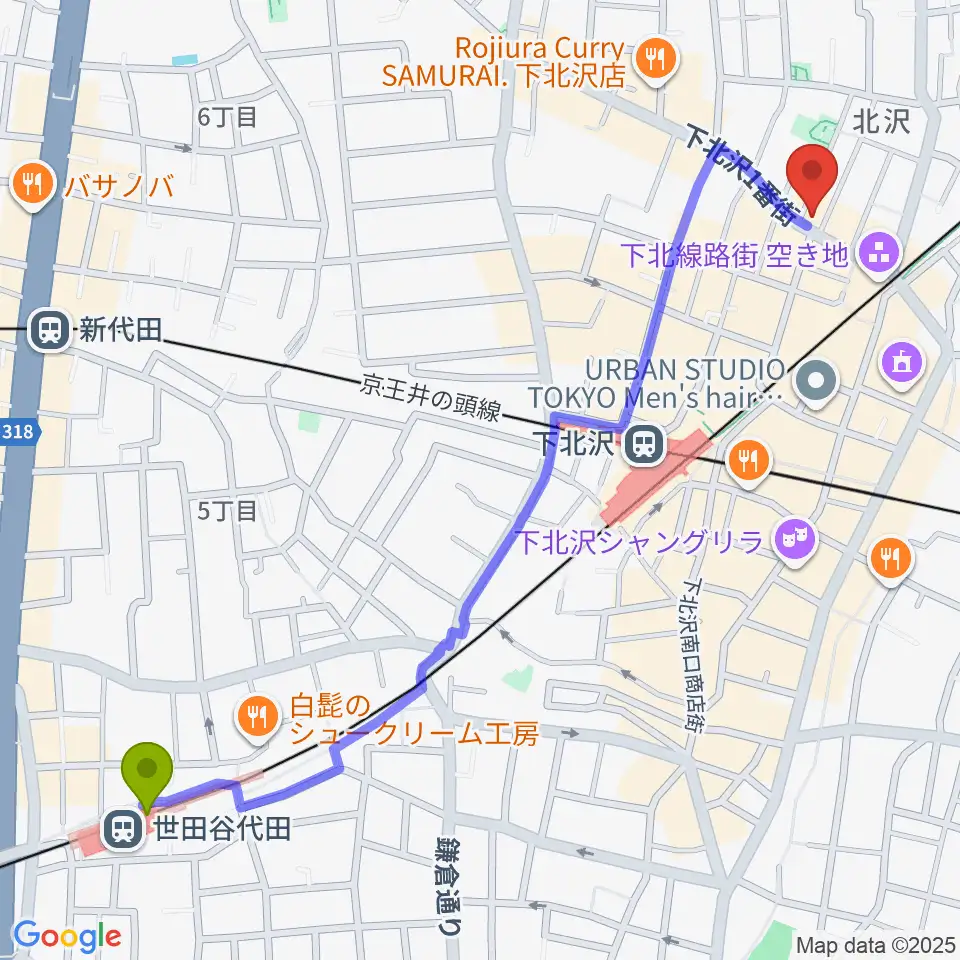 世田谷代田駅から下北沢アーチストへのルートマップ地図