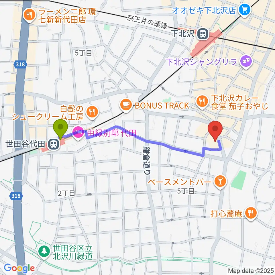 世田谷代田駅から下北沢CLUB251へのルートマップ地図