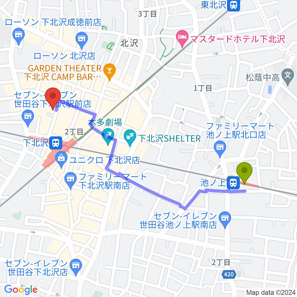 池ノ上駅からコムカフェ音倉へのルートマップ地図