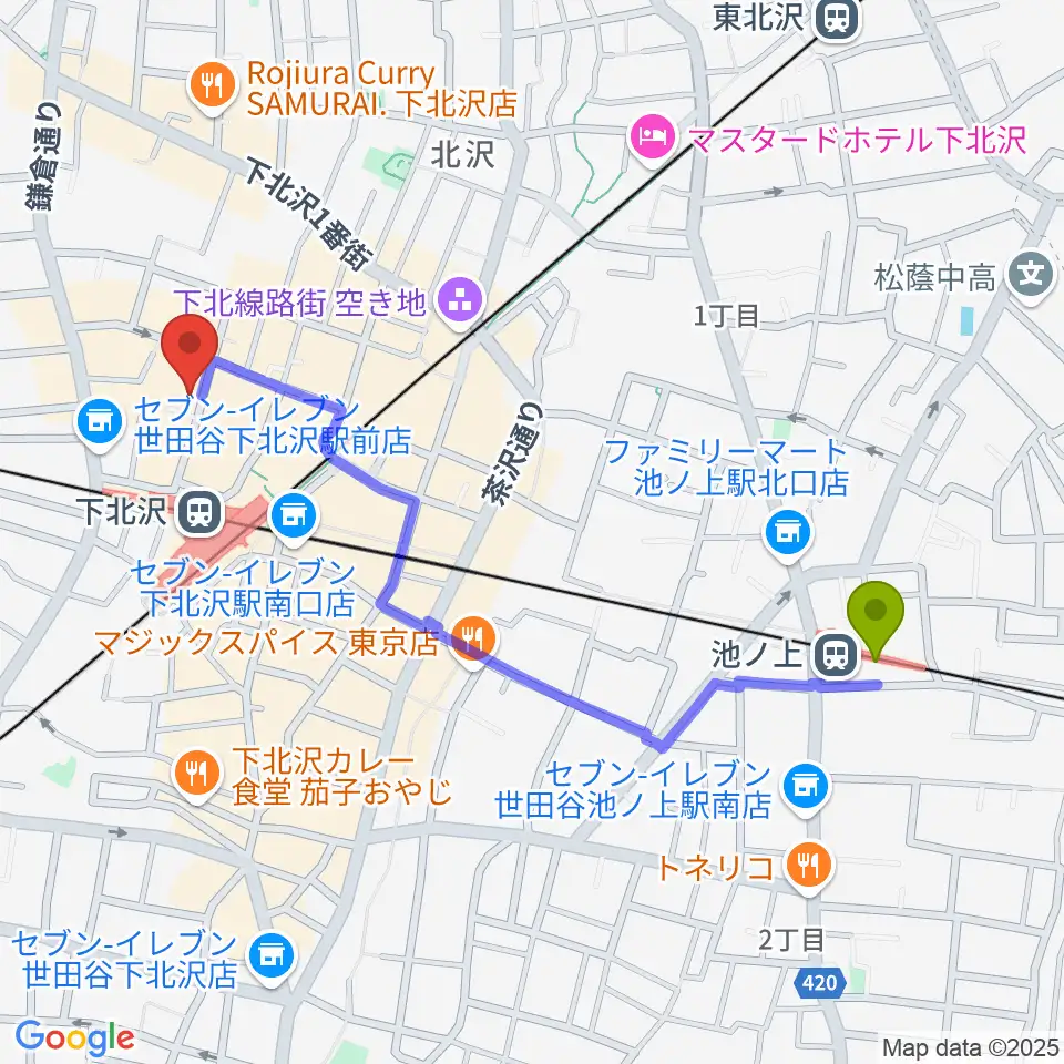 池ノ上駅からコムカフェ音倉へのルートマップ地図