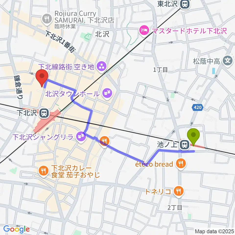池ノ上駅からコムカフェ音倉へのルートマップ地図