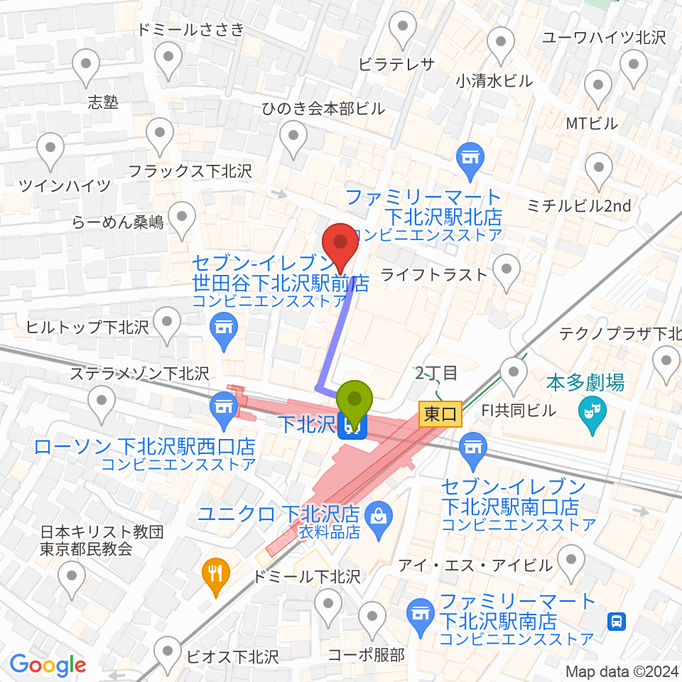 コムカフェ音倉の最寄駅下北沢駅からの徒歩ルート（約2分）地図