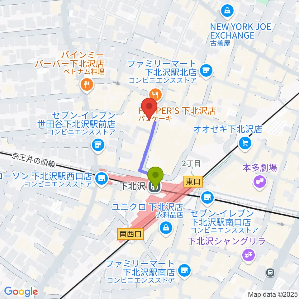 コムカフェ音倉の最寄駅下北沢駅からの徒歩ルート（約2分）地図