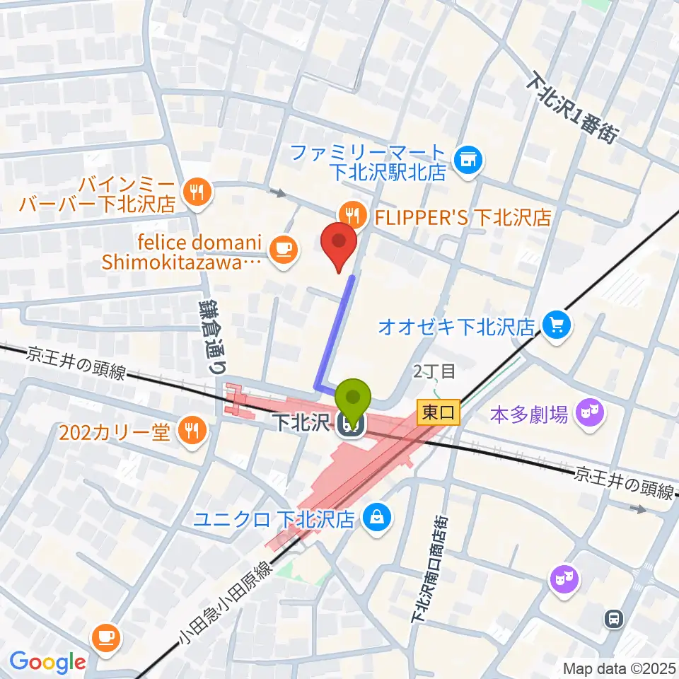 コムカフェ音倉の最寄駅下北沢駅からの徒歩ルート（約2分）地図