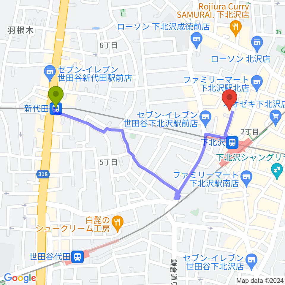 新代田駅からコムカフェ音倉へのルートマップ地図