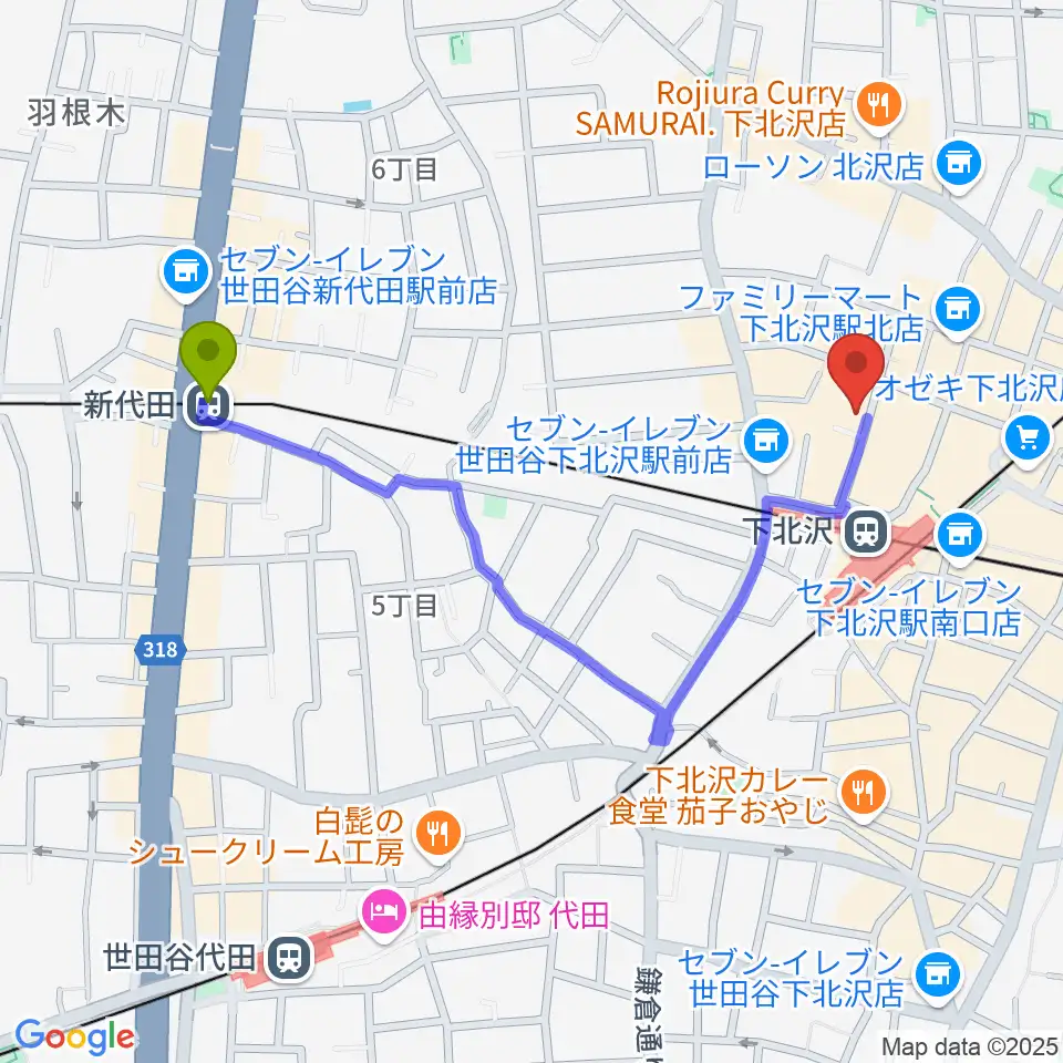 新代田駅からコムカフェ音倉へのルートマップ地図