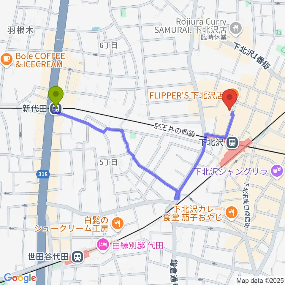 新代田駅からコムカフェ音倉へのルートマップ地図