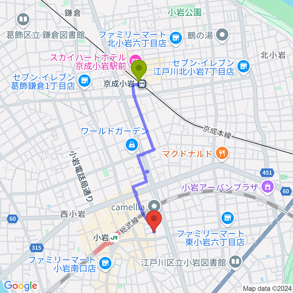 京成小岩駅から小岩COCHIへのルートマップ地図