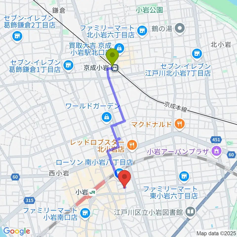 京成小岩駅から小岩COCHIへのルートマップ地図