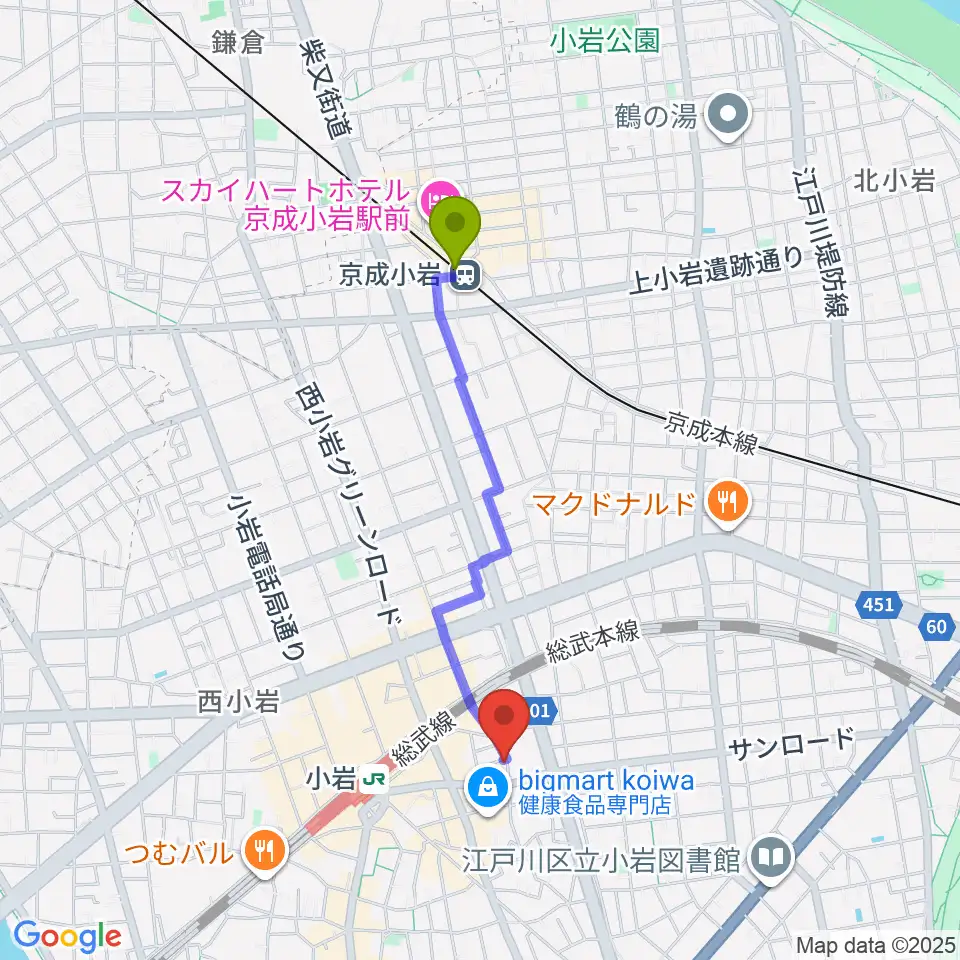 京成小岩駅から小岩COCHIへのルートマップ地図