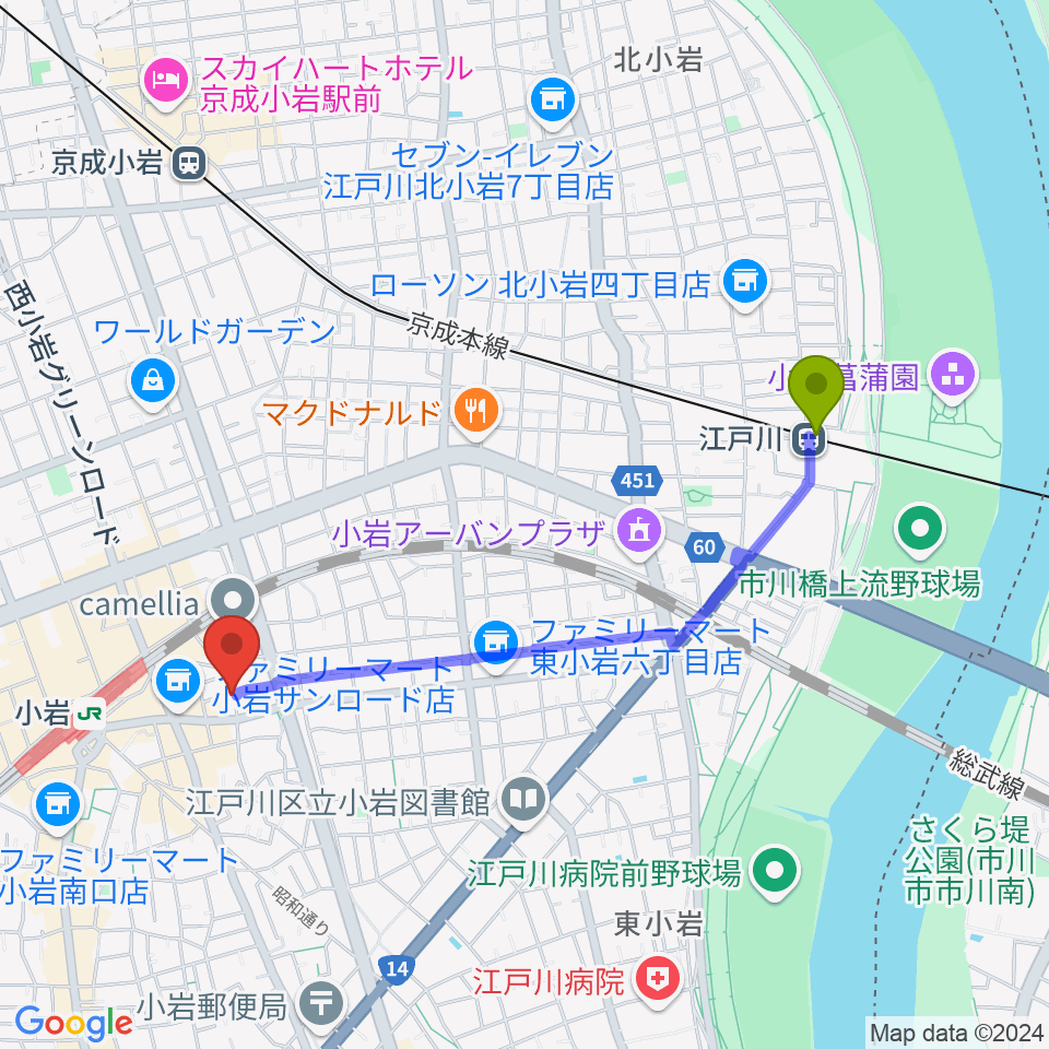 江戸川駅から小岩COCHIへのルートマップ地図