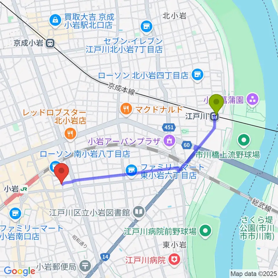 江戸川駅から小岩COCHIへのルートマップ地図