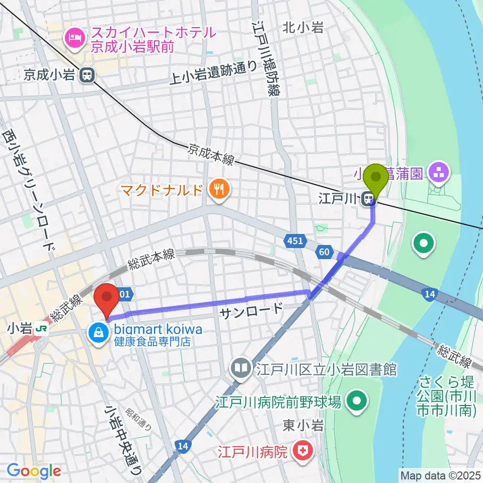 江戸川駅から小岩COCHIへのルートマップ地図