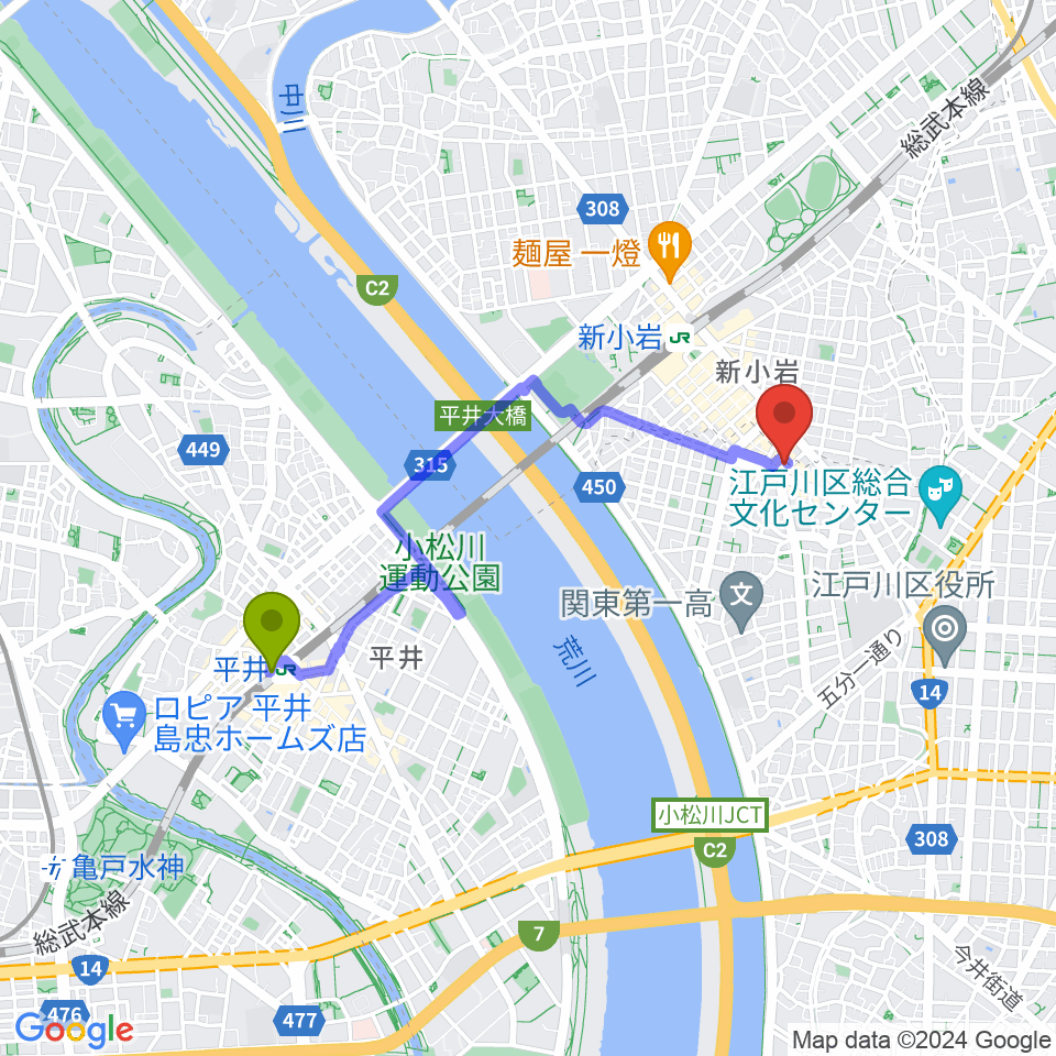 平井駅から新小岩チッピーへのルートマップ地図