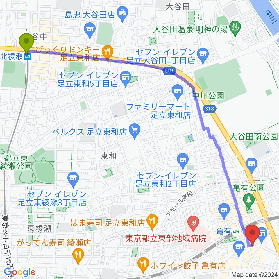 北綾瀬駅からジャズ38オルガンクラブ1968へのルートマップ地図