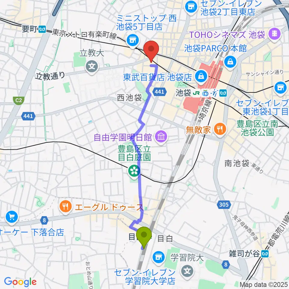 目白駅から池袋フラットファイブへのルートマップ地図