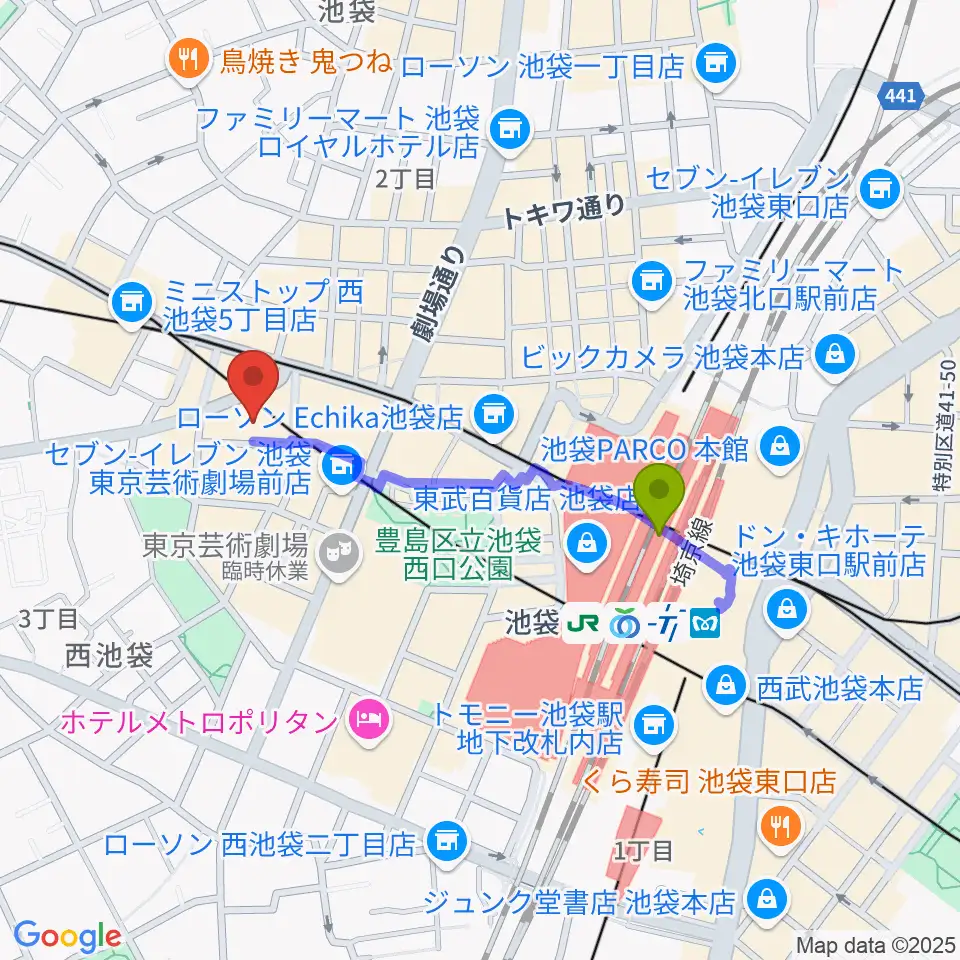 池袋フラットファイブの最寄駅池袋駅からの徒歩ルート（約7分）地図