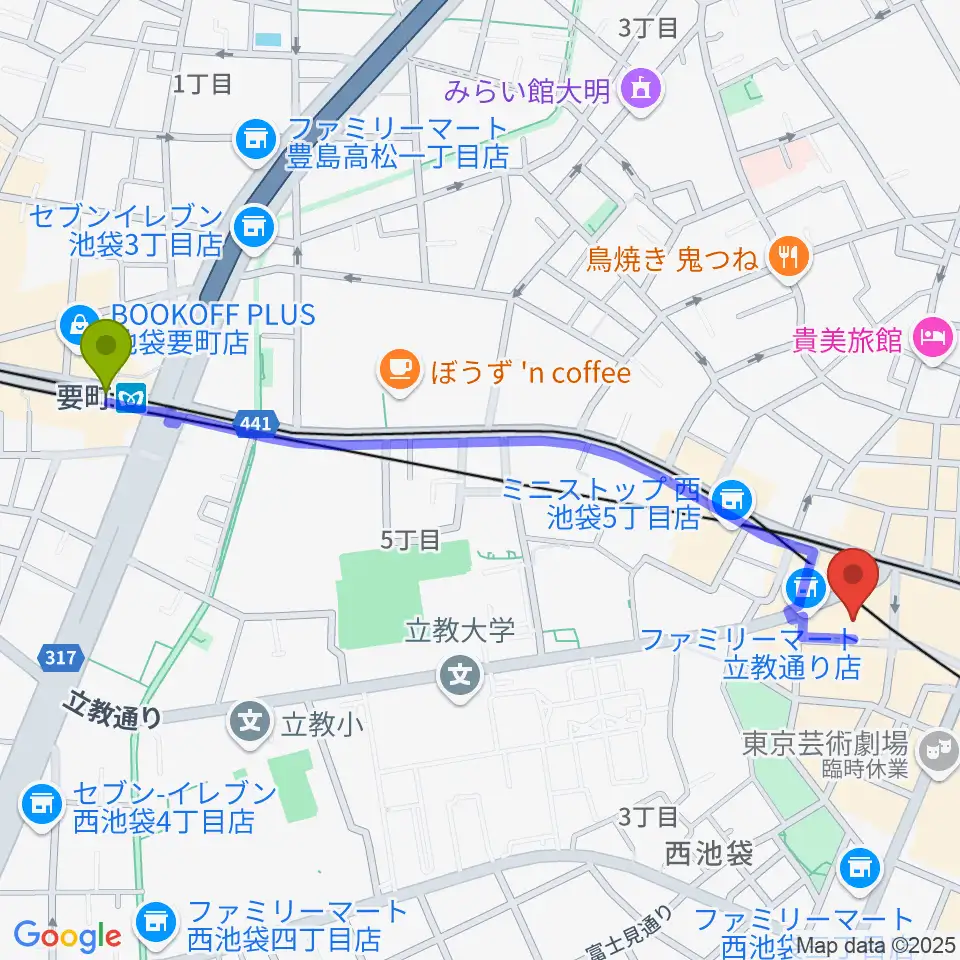 要町駅から池袋フラットファイブへのルートマップ地図
