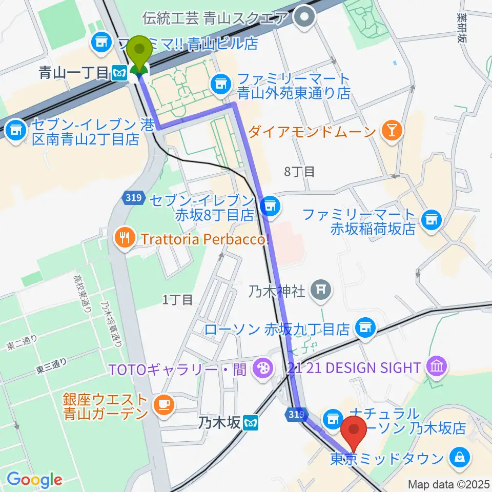 青山一丁目駅から六本木オールオブミークラブへのルートマップ地図