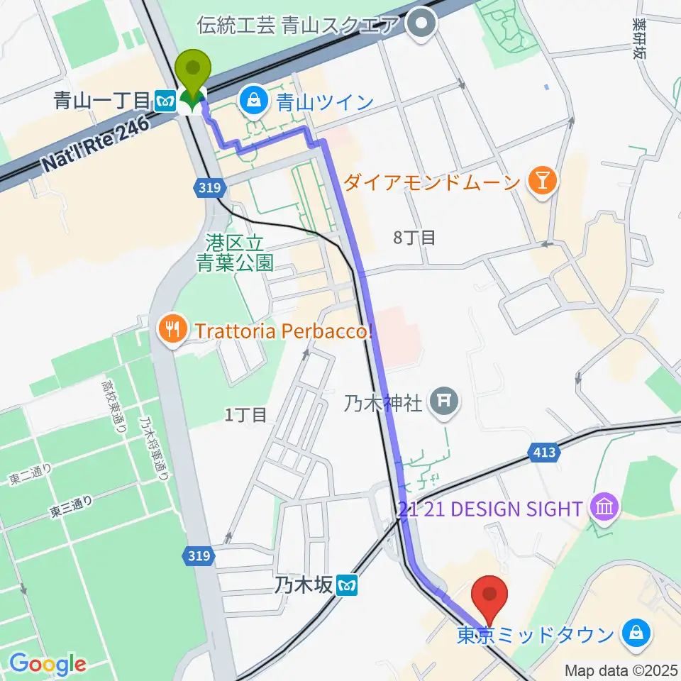 青山一丁目駅から六本木オールオブミークラブへのルートマップ地図