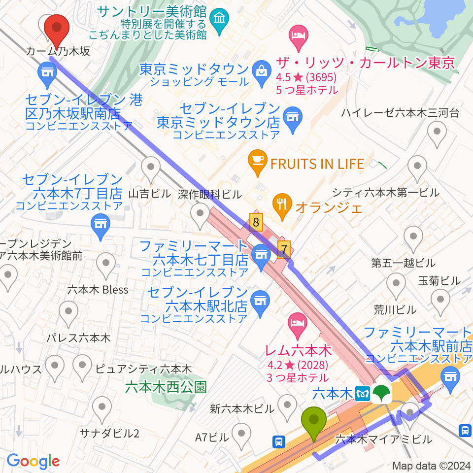 六本木駅から六本木オールオブミークラブへのルートマップ地図