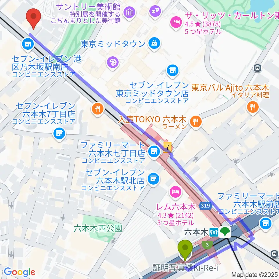 六本木駅から六本木オールオブミークラブへのルートマップ地図