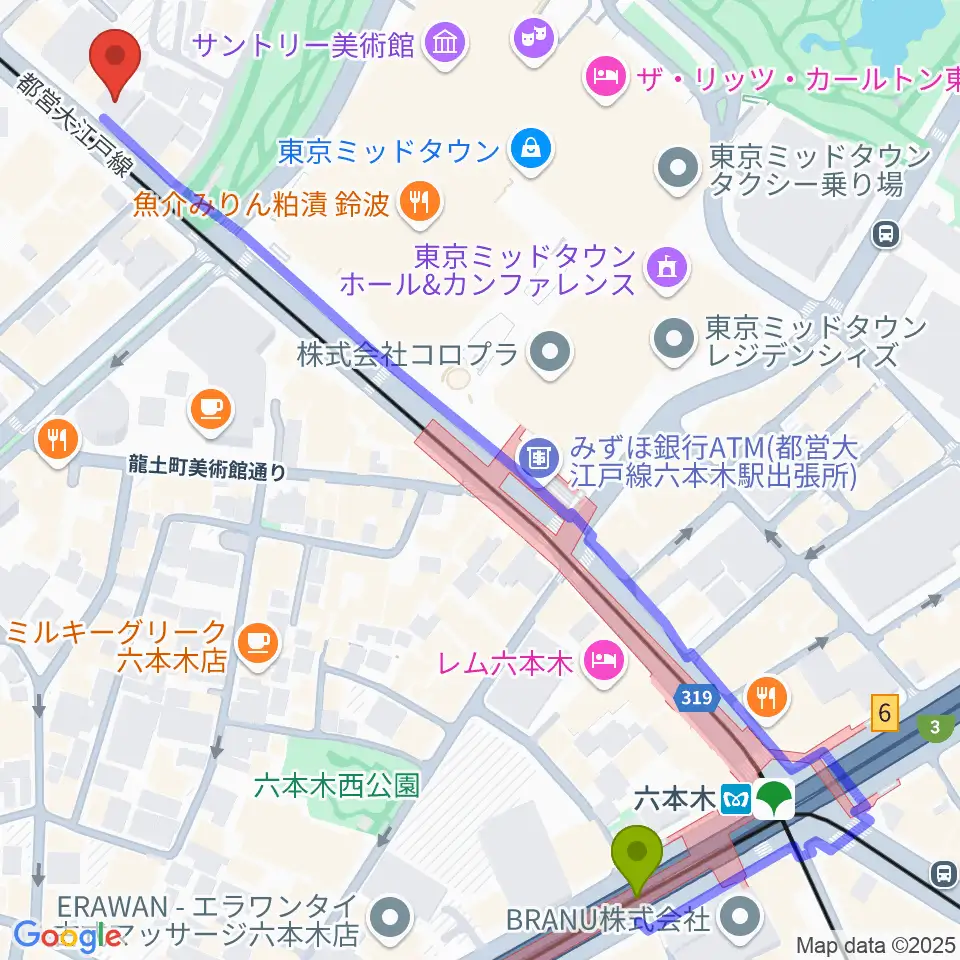 六本木駅から六本木オールオブミークラブへのルートマップ地図