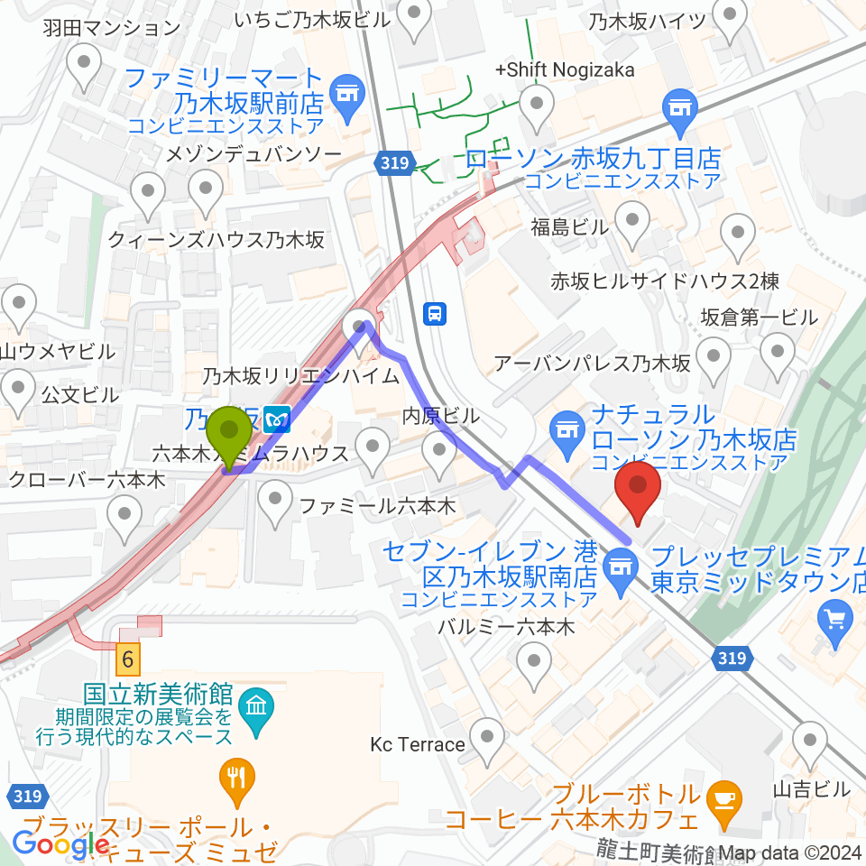 六本木オールオブミークラブの最寄駅乃木坂駅からの徒歩ルート（約4分）地図