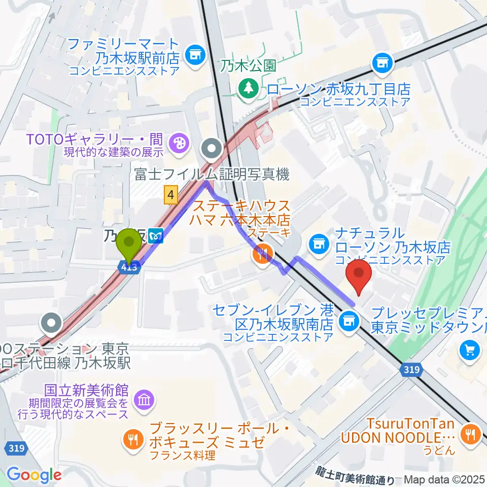 六本木オールオブミークラブの最寄駅乃木坂駅からの徒歩ルート（約4分）地図