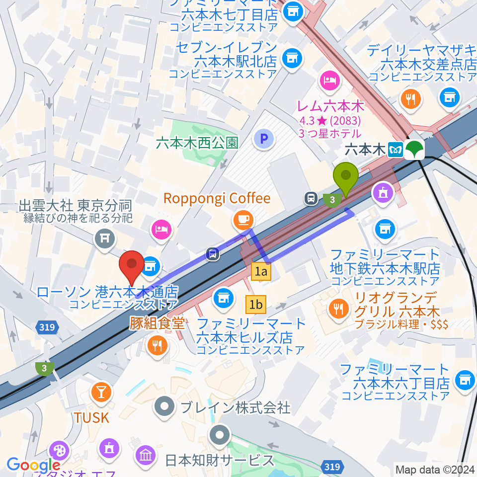 六本木マイスコッチの最寄駅六本木駅からの徒歩ルート（約4分）地図