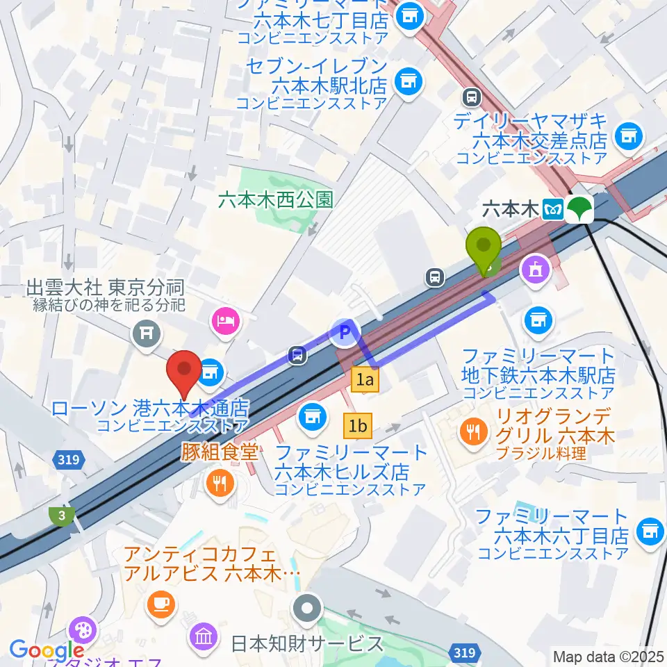 六本木マイスコッチの最寄駅六本木駅からの徒歩ルート（約4分）地図