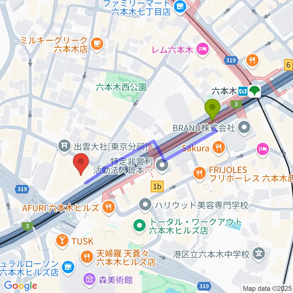 六本木マイスコッチの最寄駅六本木駅からの徒歩ルート（約4分）地図