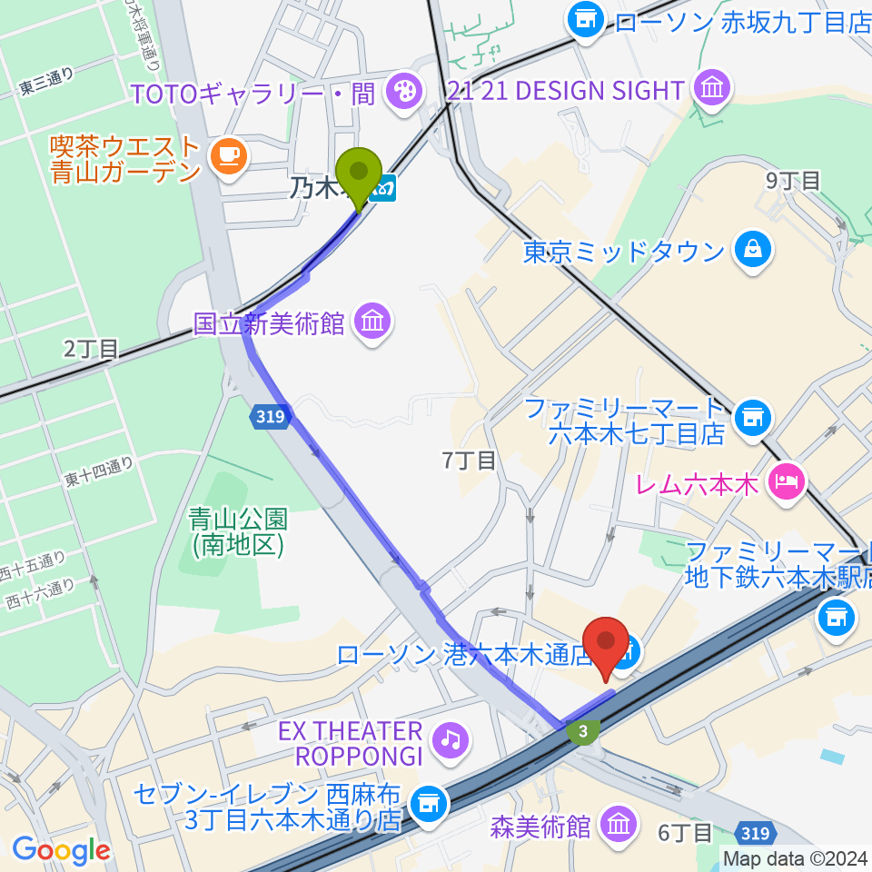 乃木坂駅から六本木マイスコッチへのルートマップ地図