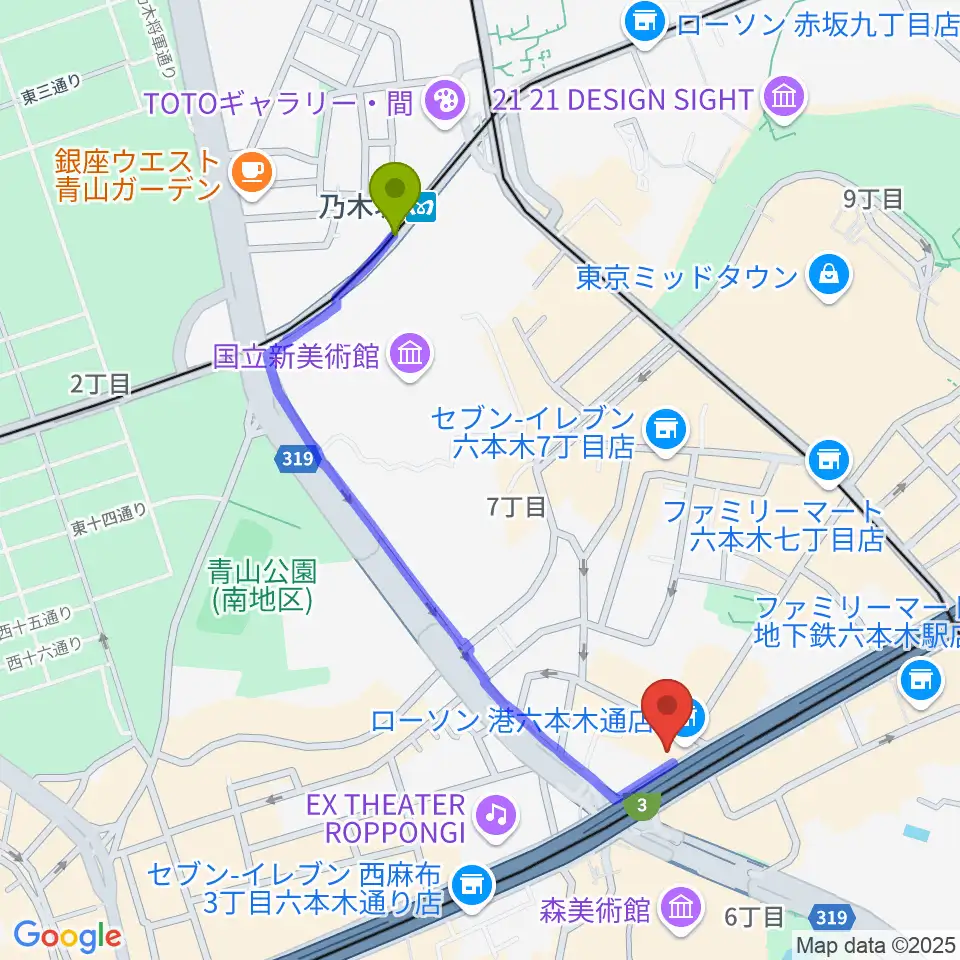 乃木坂駅から六本木マイスコッチへのルートマップ地図