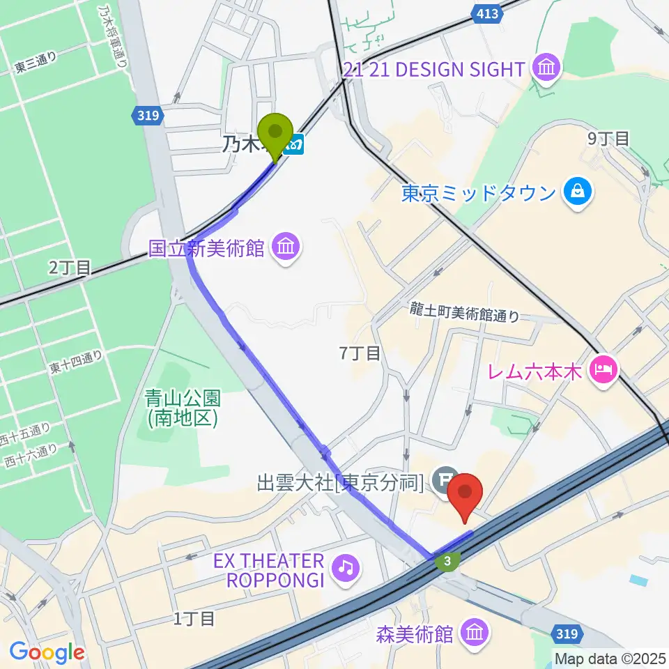 乃木坂駅から六本木マイスコッチへのルートマップ地図