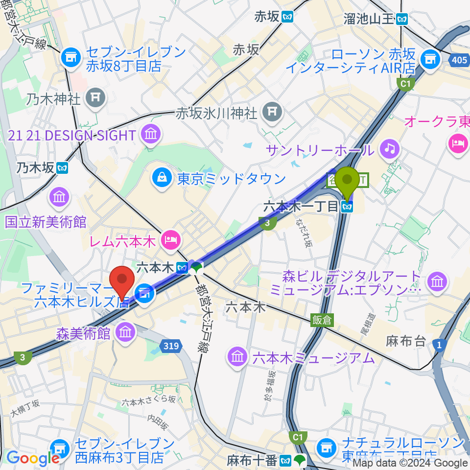 六本木一丁目駅から六本木マイスコッチへのルートマップ地図