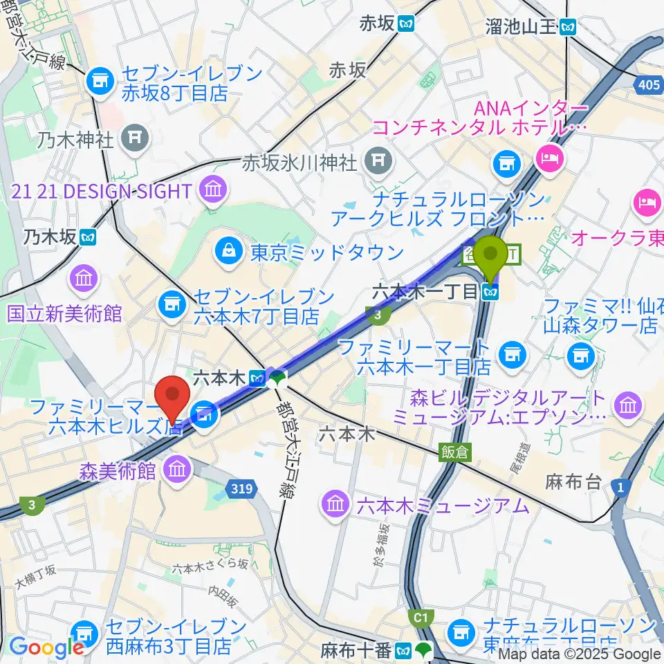 六本木一丁目駅から六本木マイスコッチへのルートマップ地図