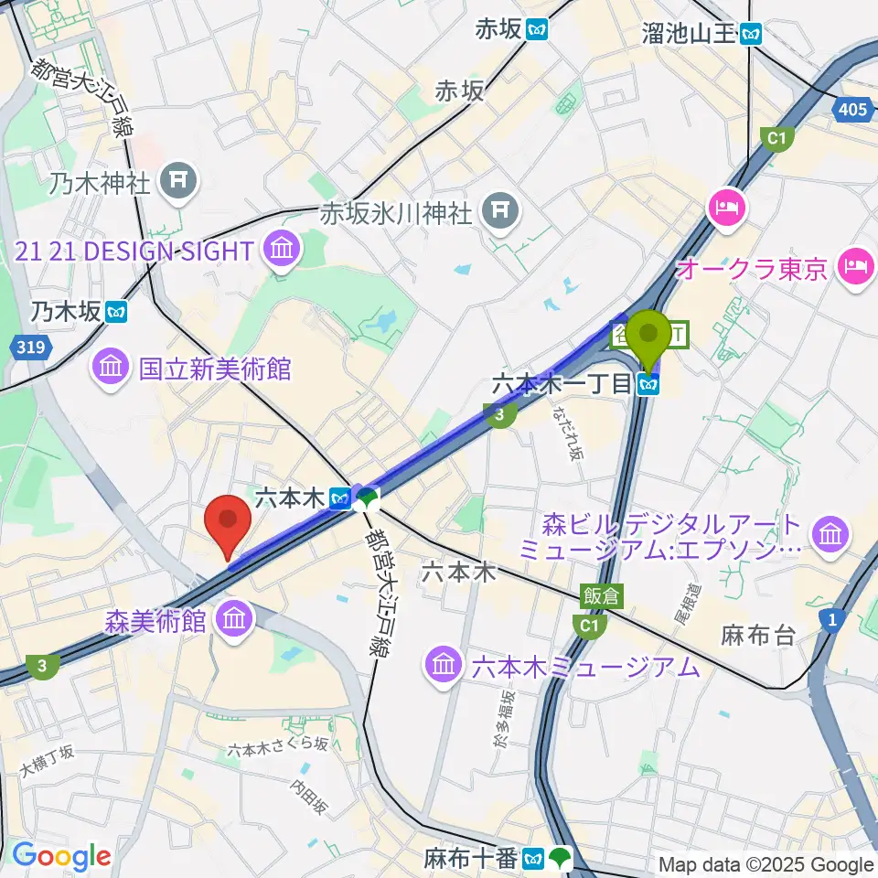 六本木一丁目駅から六本木マイスコッチへのルートマップ地図