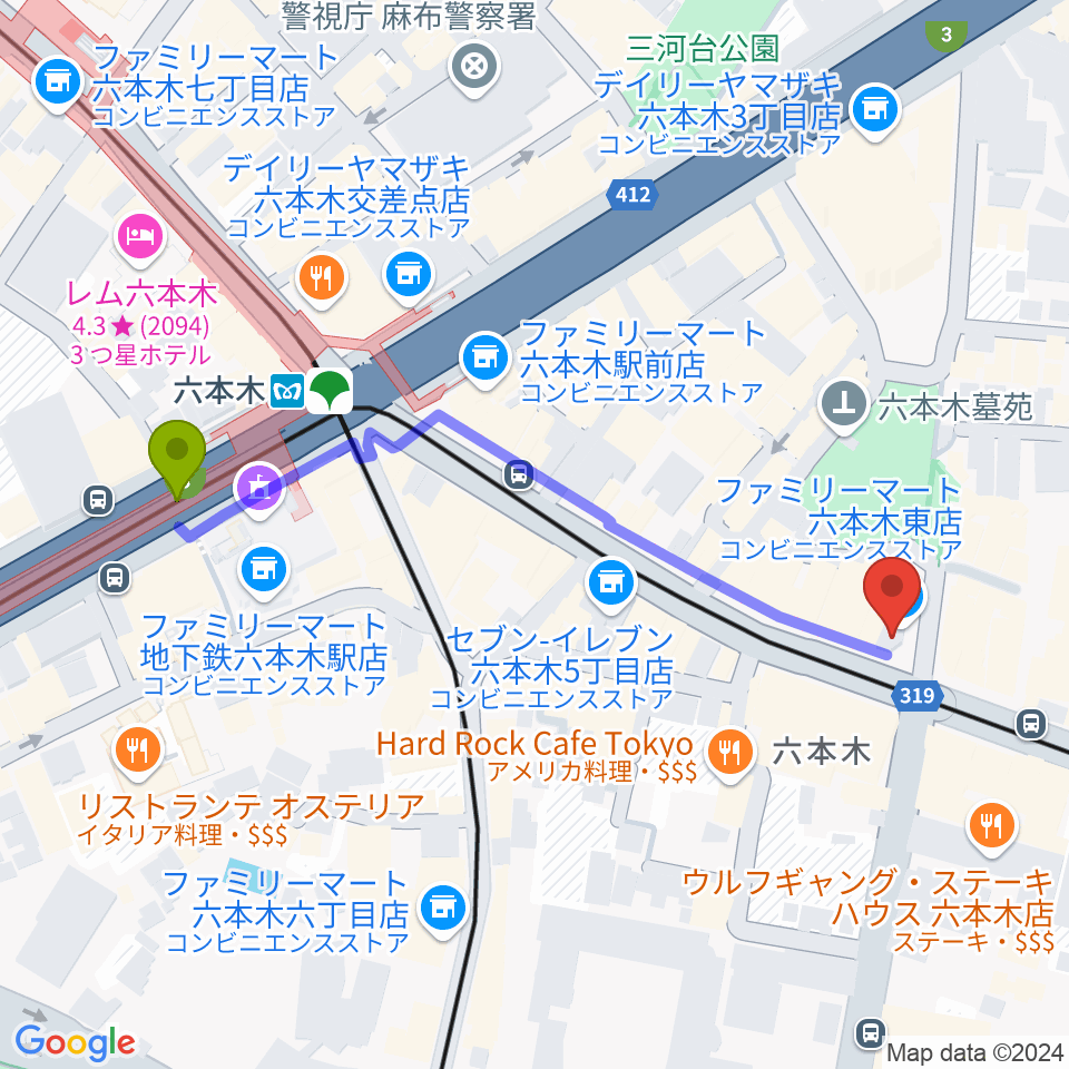 六本木Piano Bar IZUMIの最寄駅六本木駅からの徒歩ルート（約5分）地図