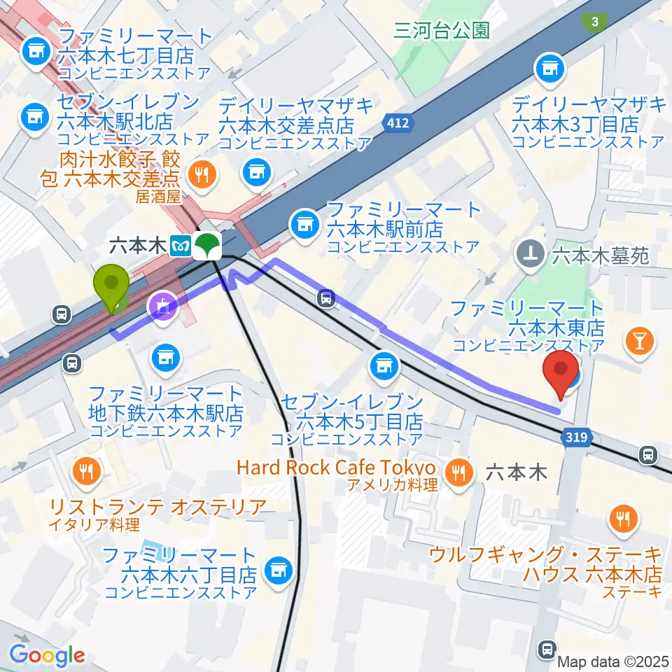 六本木Piano Bar IZUMIの最寄駅六本木駅からの徒歩ルート（約5分）地図