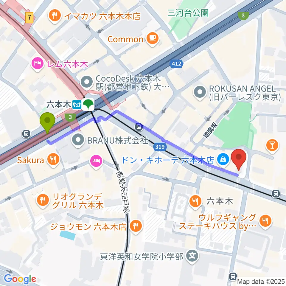 六本木Piano Bar IZUMIの最寄駅六本木駅からの徒歩ルート（約5分）地図