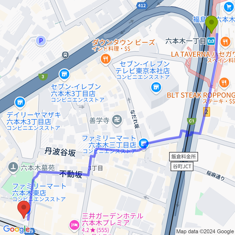 六本木一丁目駅から六本木Piano Bar IZUMIへのルートマップ地図