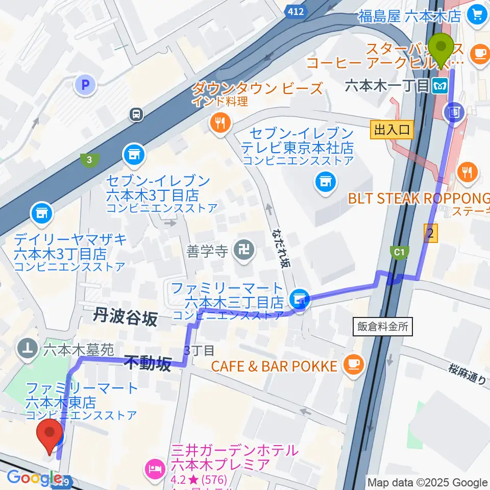 六本木一丁目駅から六本木Piano Bar IZUMIへのルートマップ地図