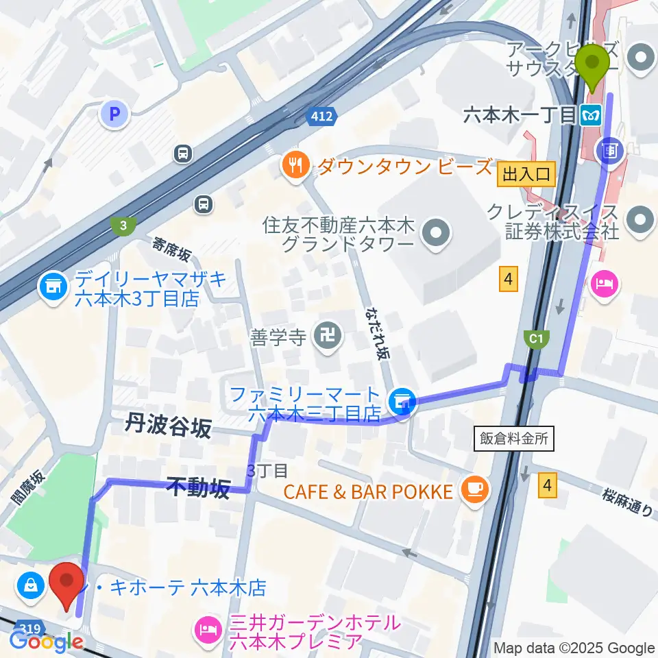 六本木一丁目駅から六本木Piano Bar IZUMIへのルートマップ地図