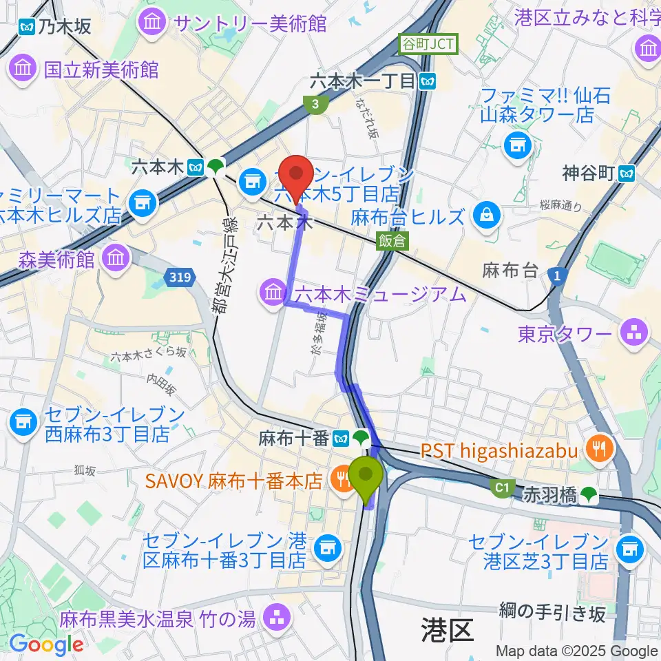 麻布十番駅から六本木Piano Bar IZUMIへのルートマップ地図