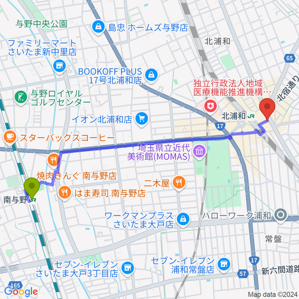 南与野駅から北浦和ペントハウスへのルートマップ地図