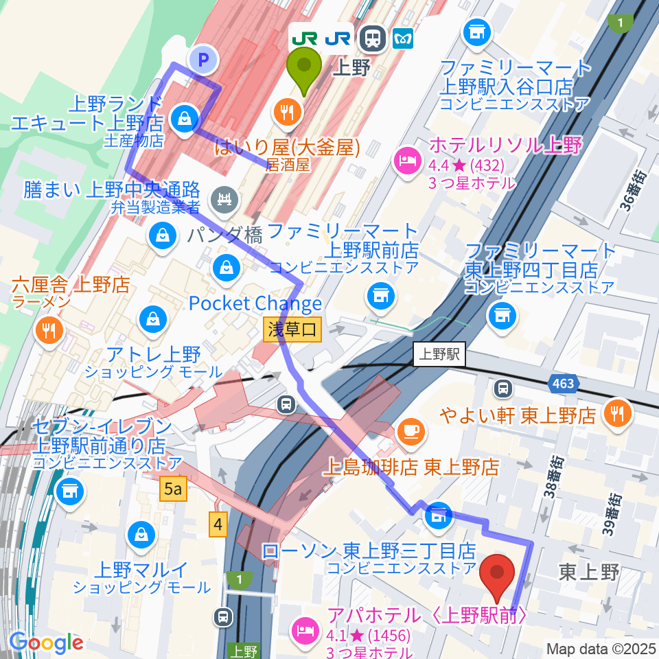 上野駅から上野エブリィスイングへのルートマップ地図